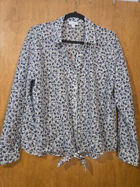 J. Jill Blue Floral tie-waist button front shirt Cotton/Silk Blend size Large